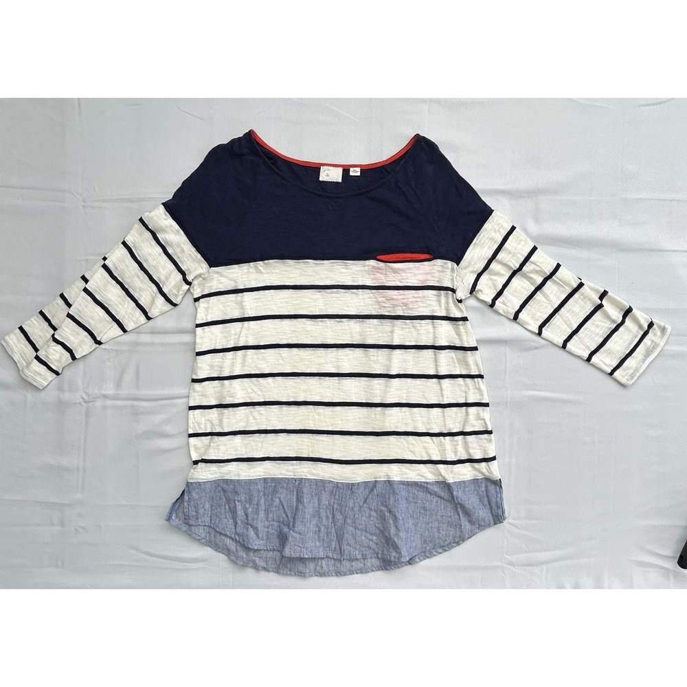 9H15 STCL Striped Navy White Red Tunic‎ Blouse Boat Neck Pocket 3/4 Sleeve Large